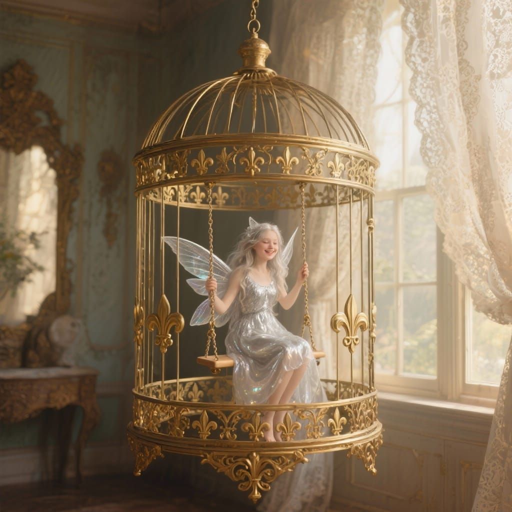 Victorian Fairy in Ornate Gilt Birdcage