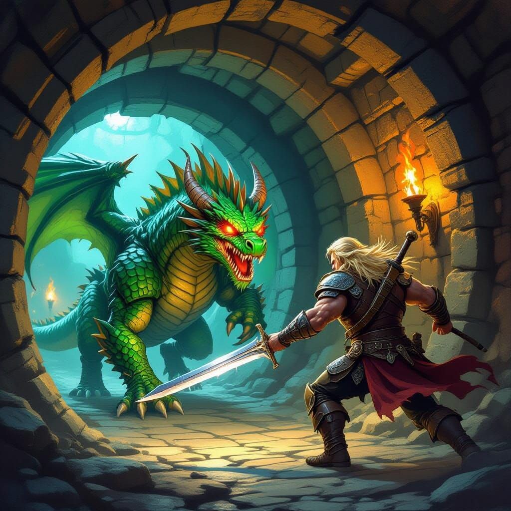 Dragon Attacks Barbarian in Dungeon Hallway