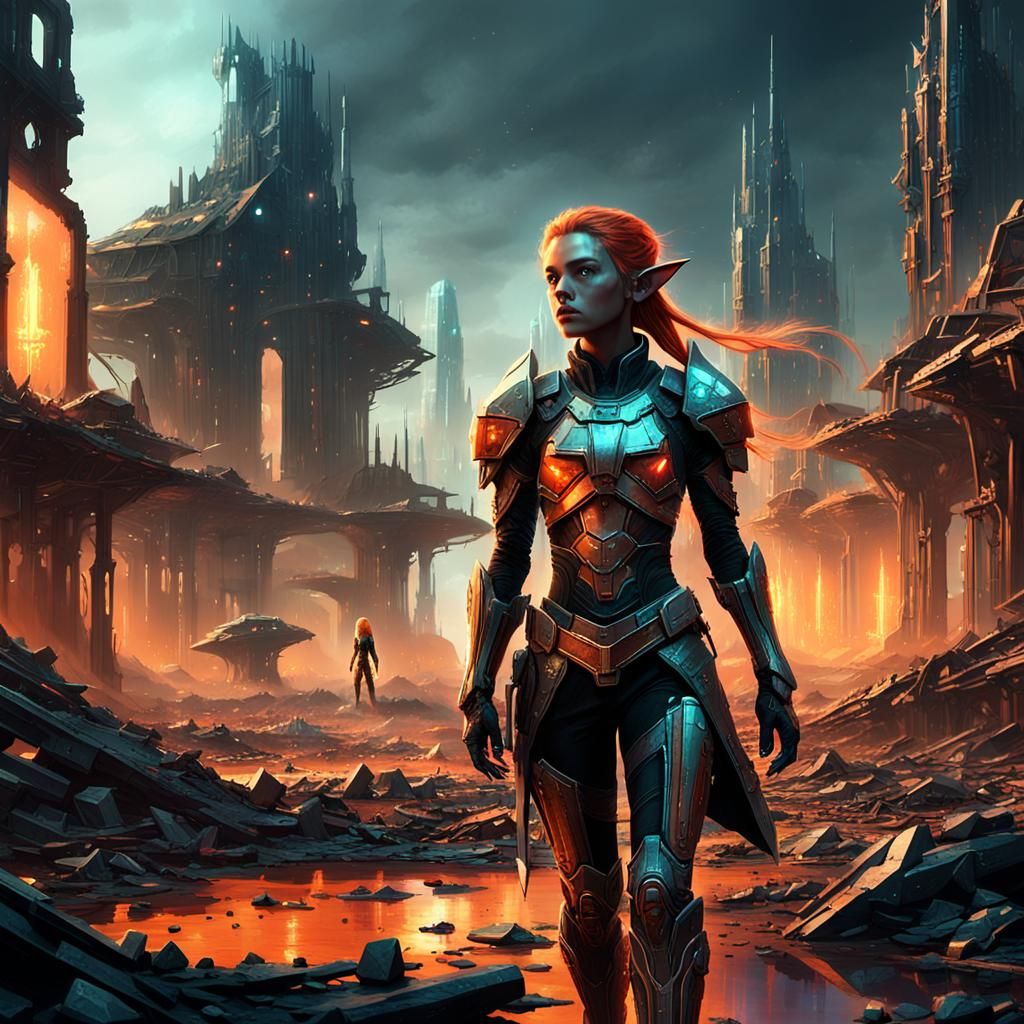 Elf Warrior in Ruined Cyberpunk Cityscape