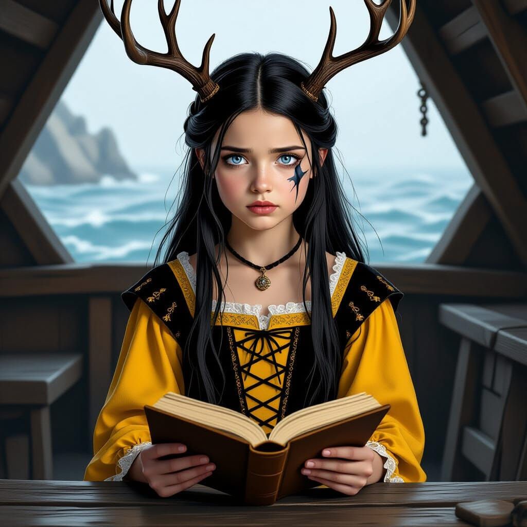 Young Queen Reading in Ship Cabin with Antlers