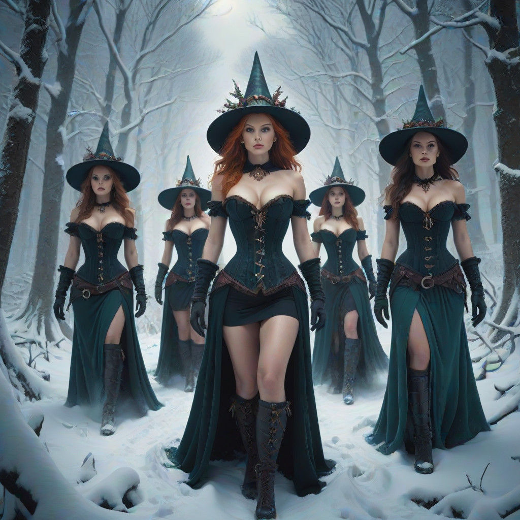 Epic Cinematic Witch Coven in Snowy Forest Digital Painting
