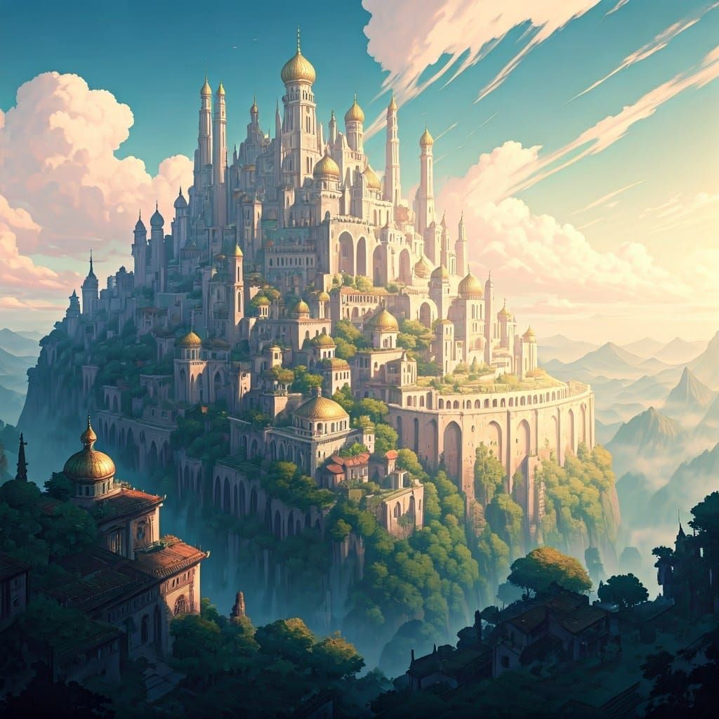 Ethereal Mystical City on Mountain in Fantasy Illustration S...