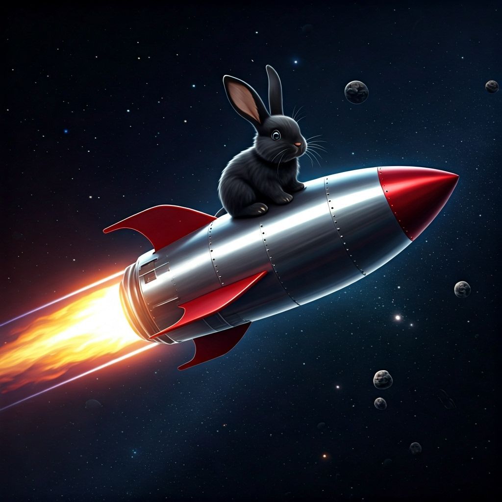 Black Bunny Soaring Through Galaxy on Spaceship