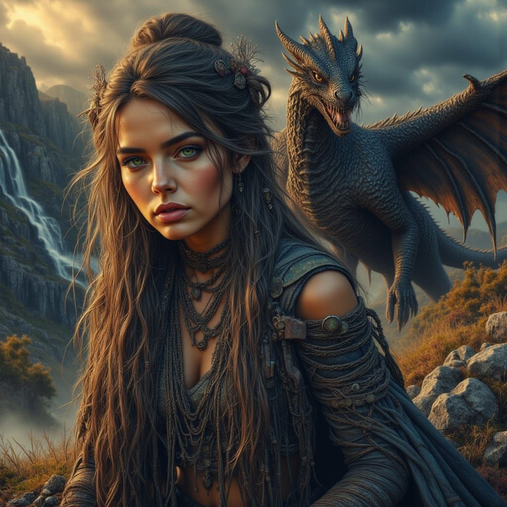 Dragon Warrior Woman in Dark Fantasy Style