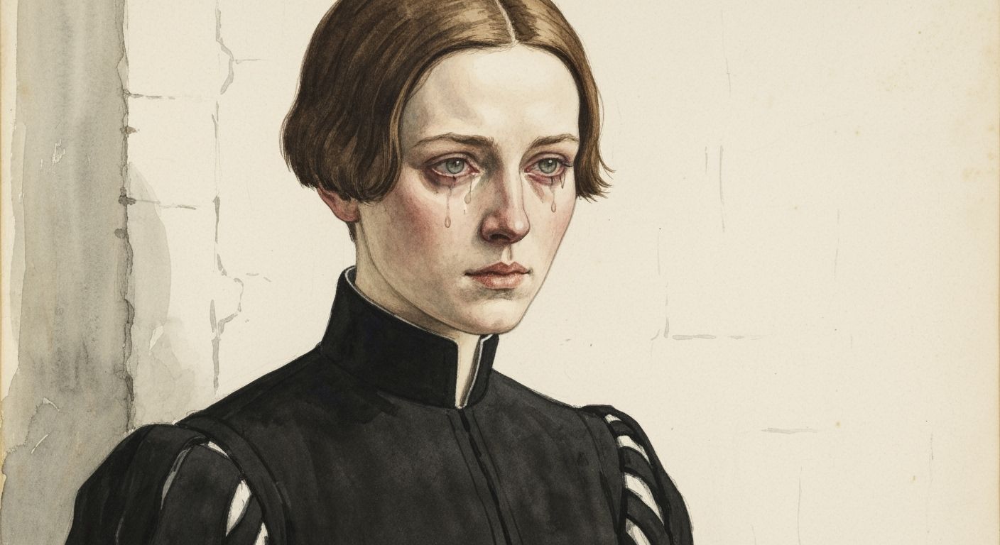 Tearful Joan of Arc in Renaissance Jacket, Ink Wash Style