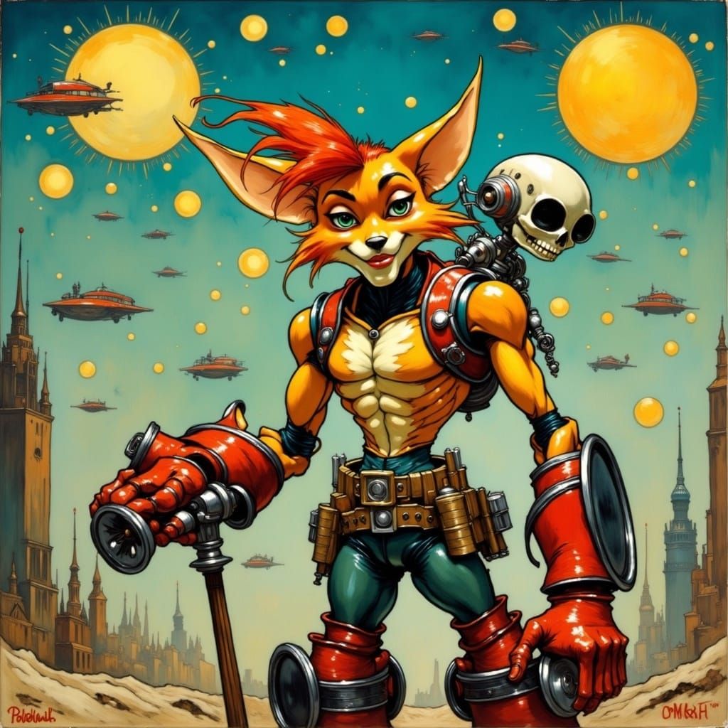 Lombax Mechanic and Robot Companion in Futuristic Cityscape...