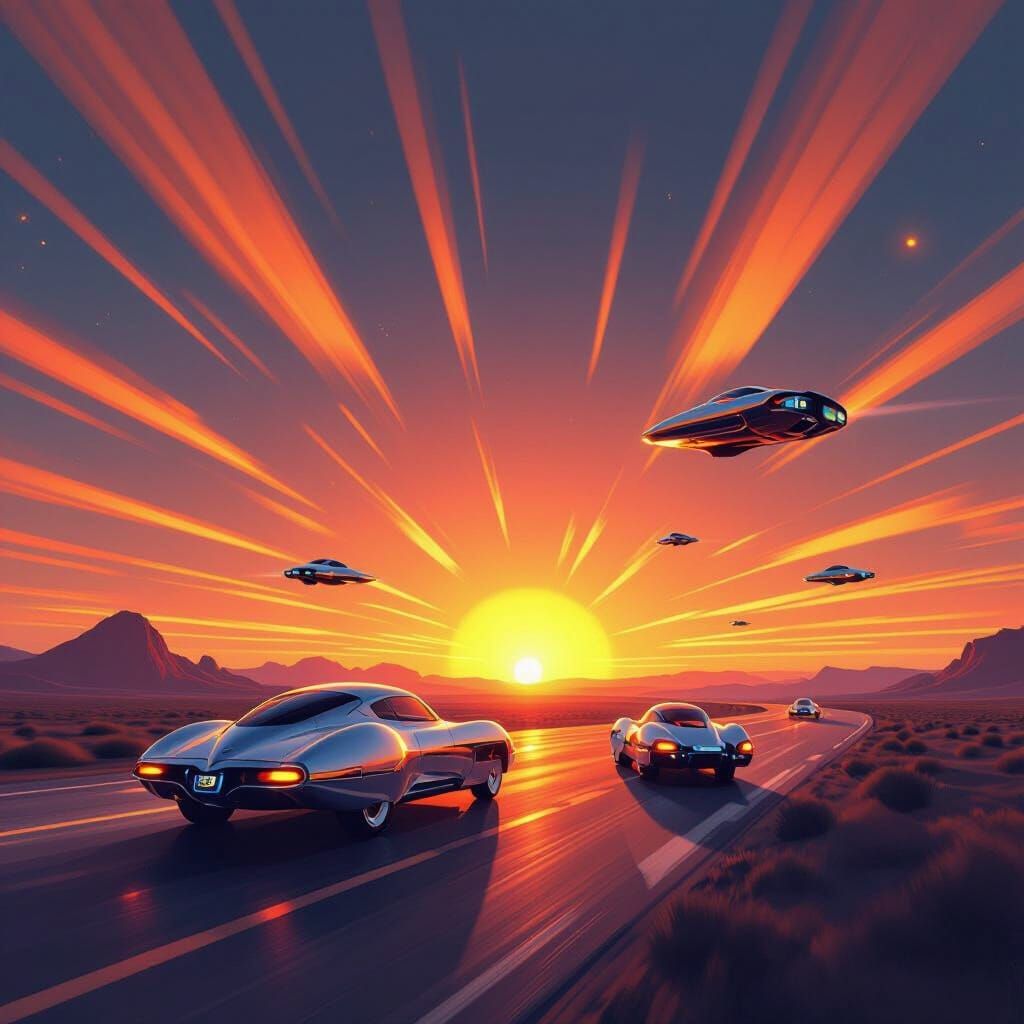 Retro Futurism Sci-Fi Vehicles at Orange Sunset Sky