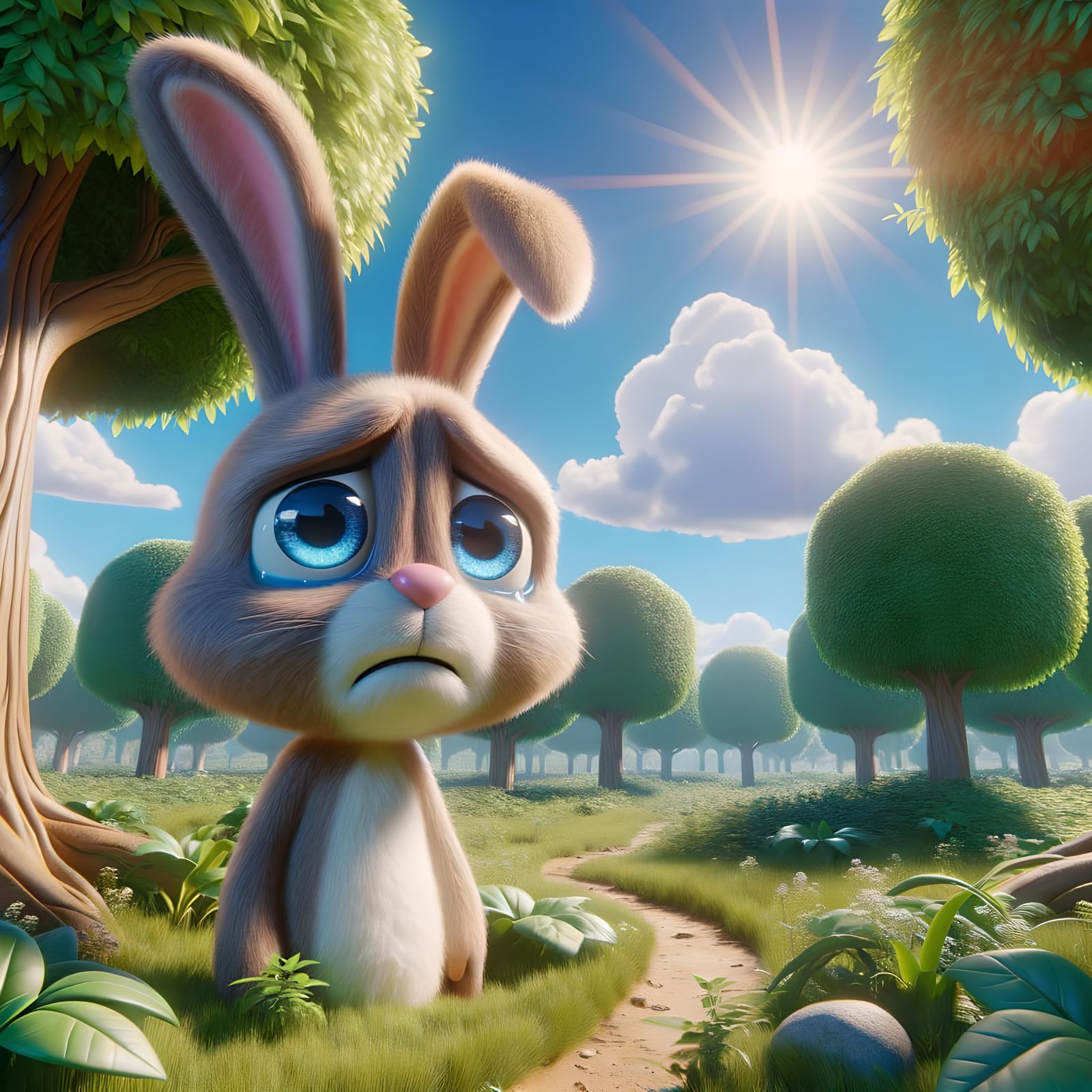 Sad Bunny in Cheerful Cartoon CGI Scene