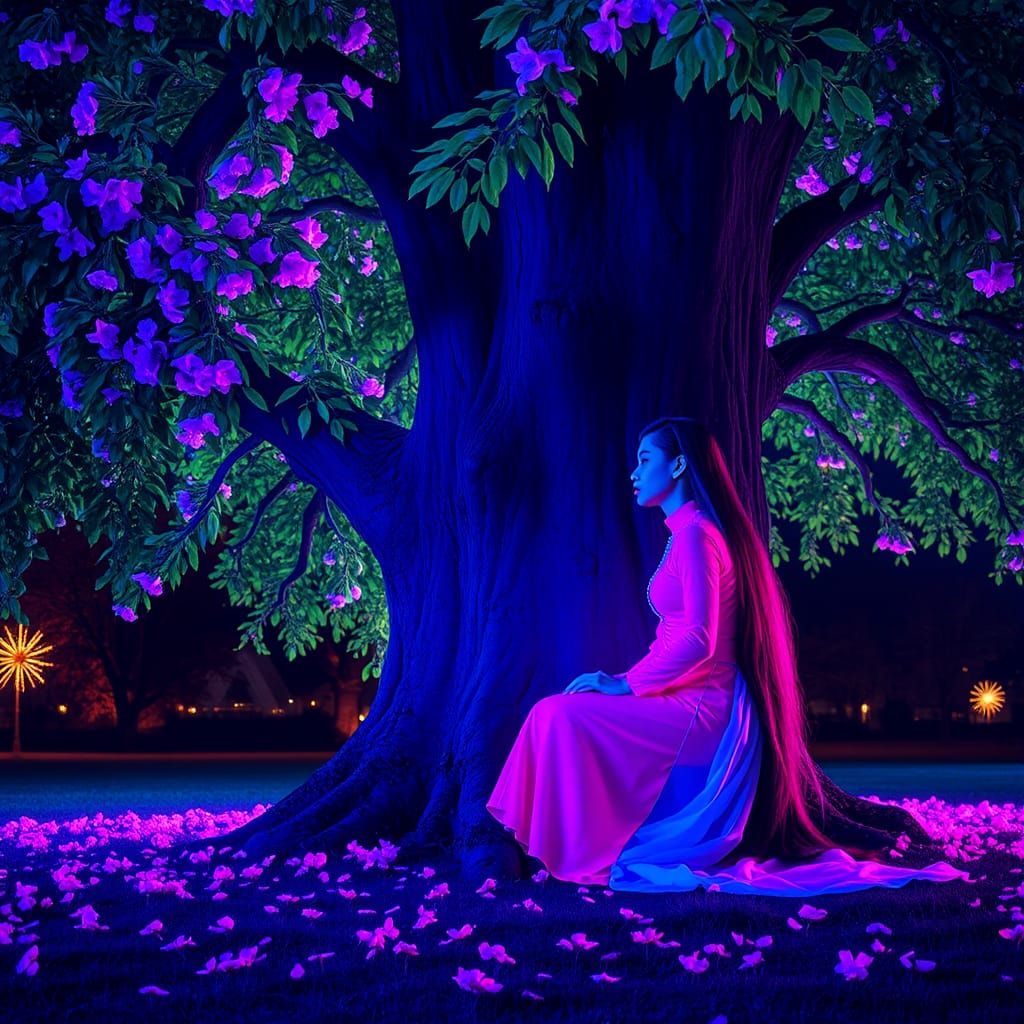 Luminescent Tree in Neon Synthwave Landscape