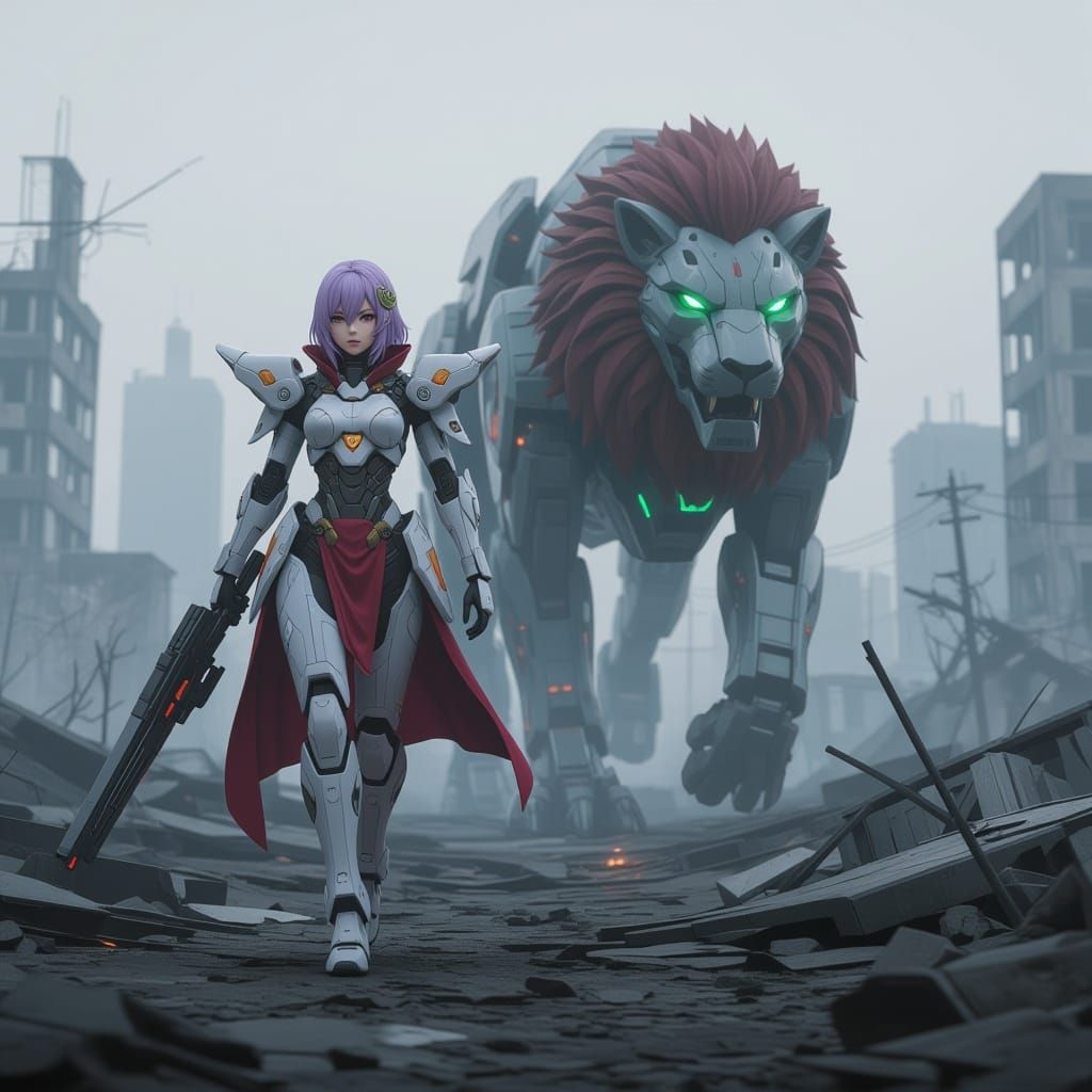 Cyborg Warrior and Mecha Lion in Anime Style