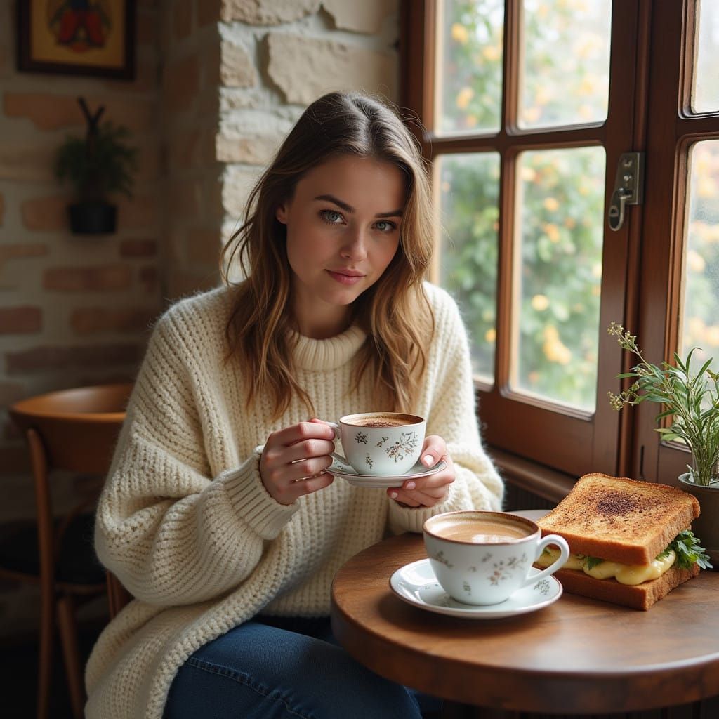 Cozy Cafe Scene with Cappuccino and Toasted Sandwich