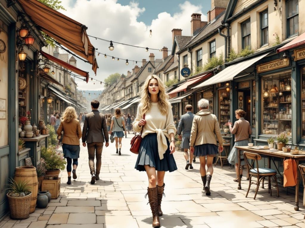 Coastal Village Scene with a Young Woman