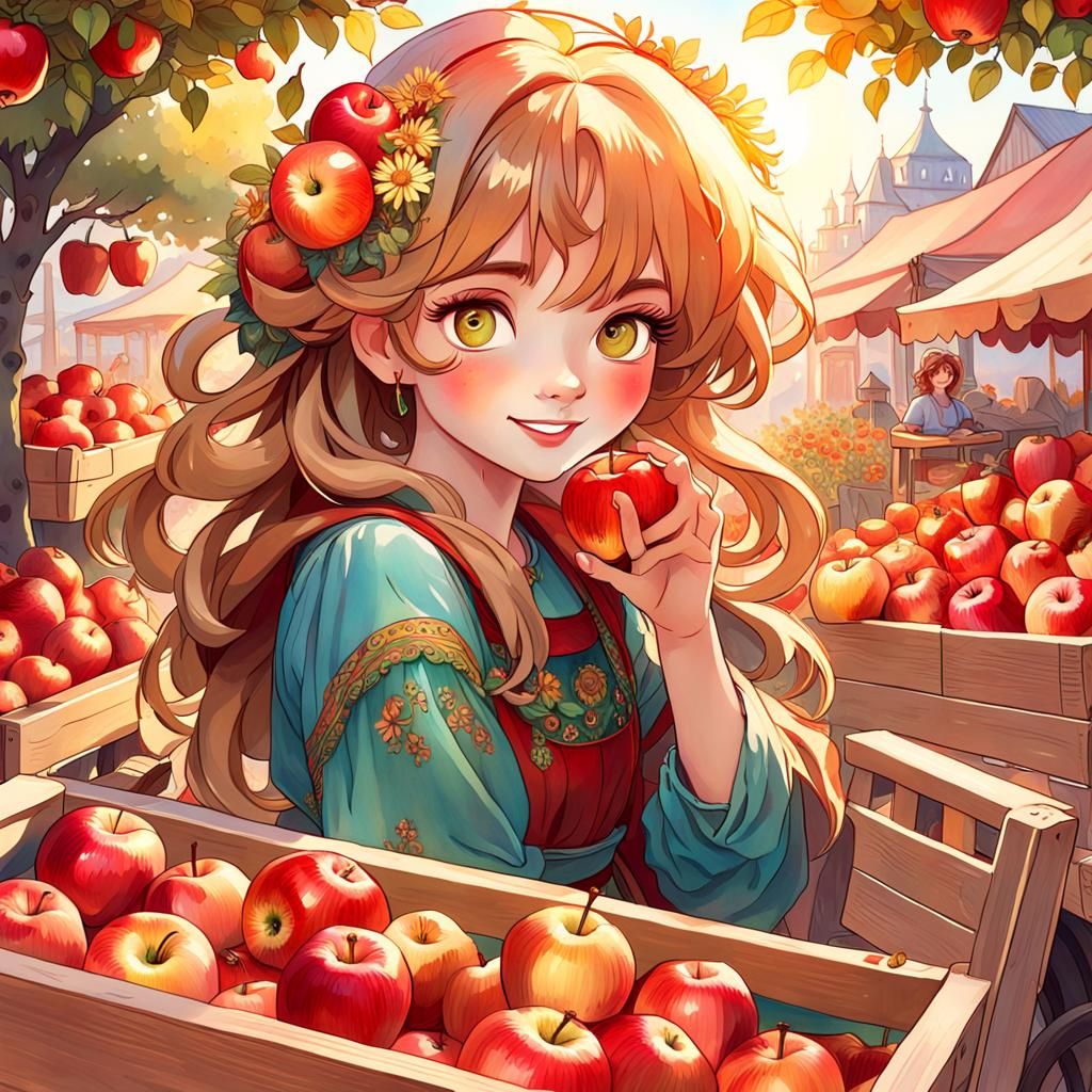 Girl Sells Apples: Whimsical Watercolor Portrait