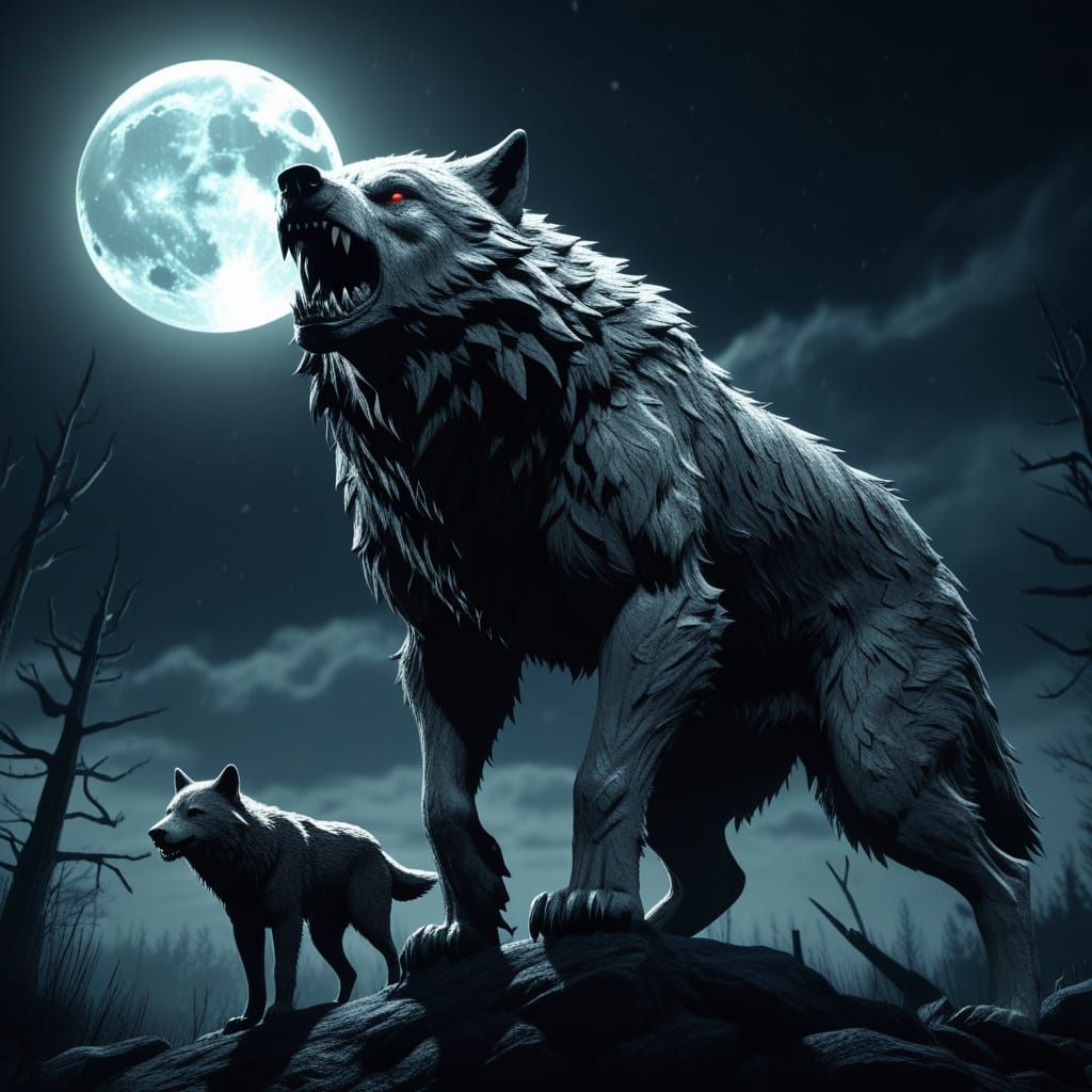 Wolf Attacked by Bear Under Full Moon