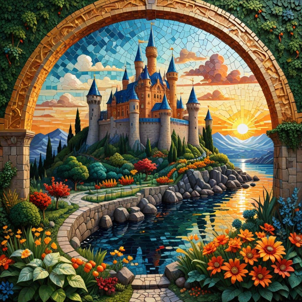 Vibrant Mosaic Castle with Lava Moat and Lush Garden