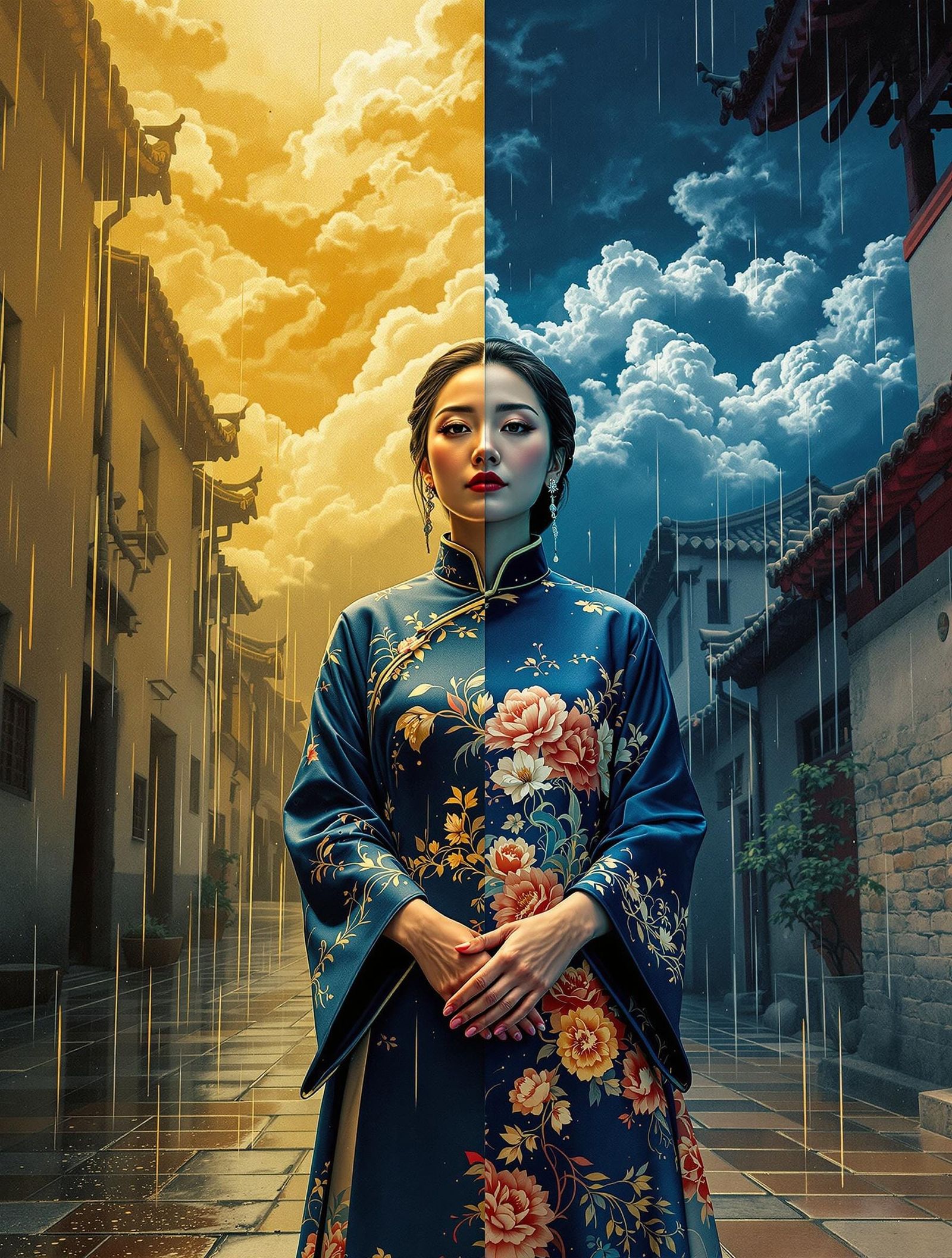 Golden Beijing Hutong Courtyard in Rainy Bloom