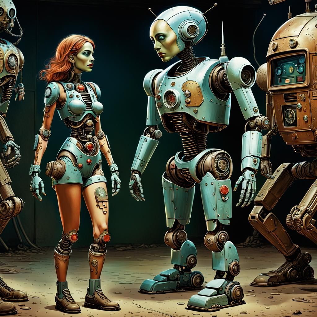 Martian Woman Flirting with Robot in American Scene Style