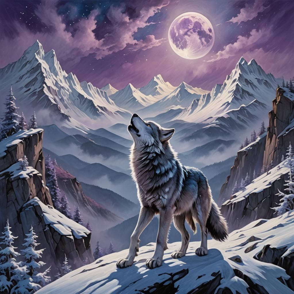 Silver Wolf Howling at Moon in Oil Painting