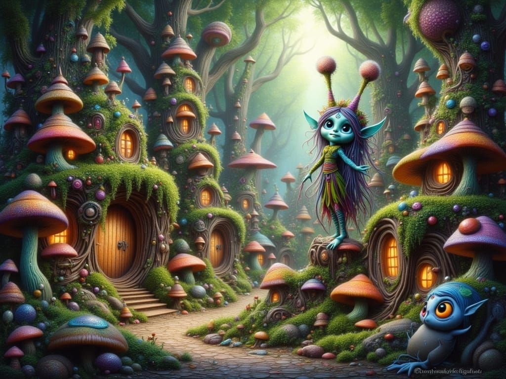 Whimsical Troll Village with Glowing Mushrooms