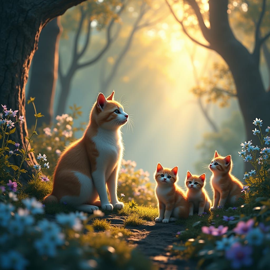 Mother Cat and Kittens in Mystical Forest