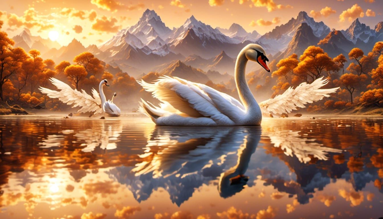 Swan Glides on Lake at Sunset in Hyperrealism