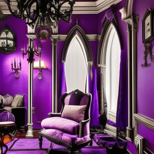 Dark fantasy Gothic Penthouse with Black walls with purple accents& cobalt blue accents& gothic Windows with purple curt...