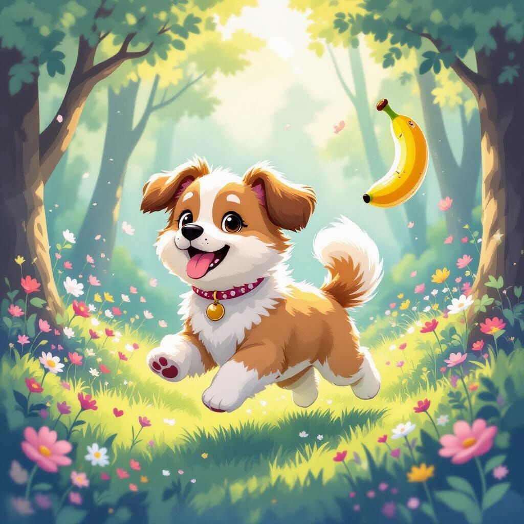 Ink-and-wash style. A whimsical scene of a dog made of spun ...