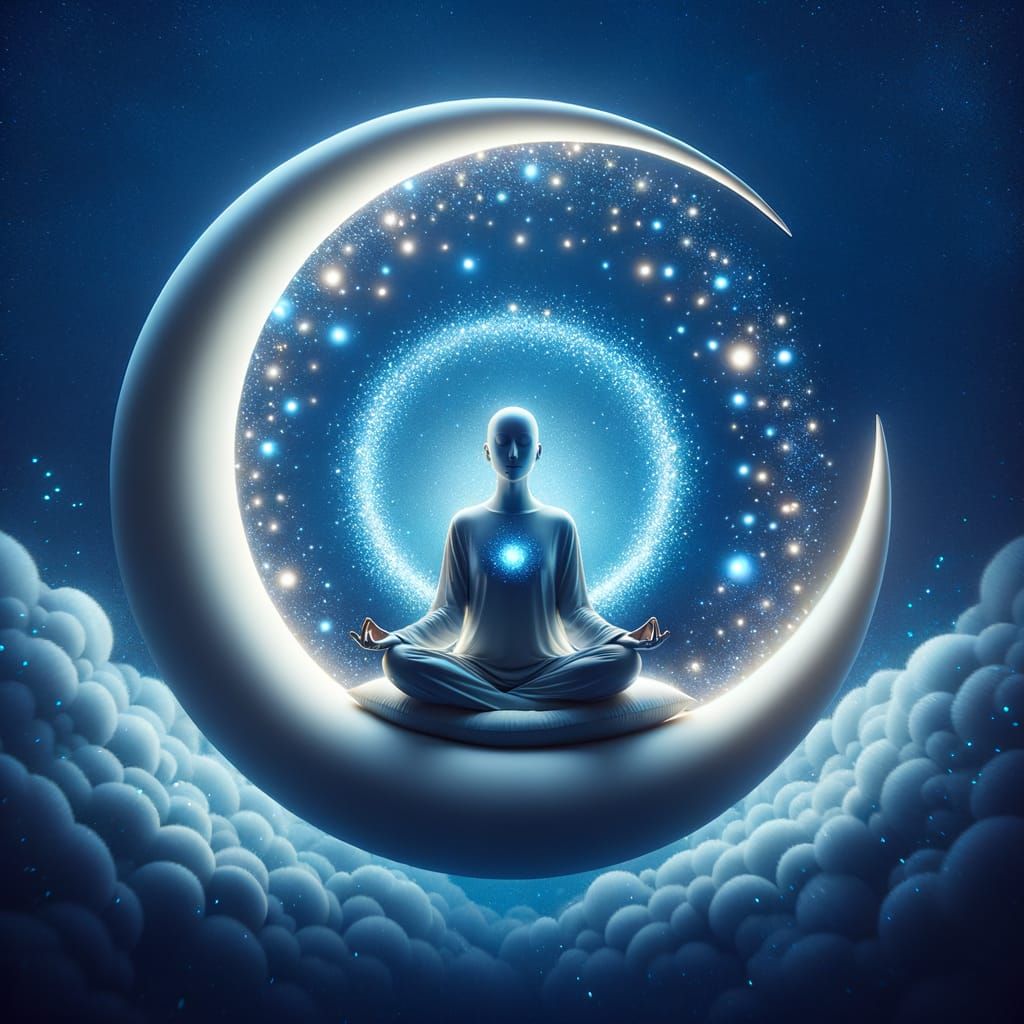 Meditator in Crescent Moon Cradle Under Starry Sky