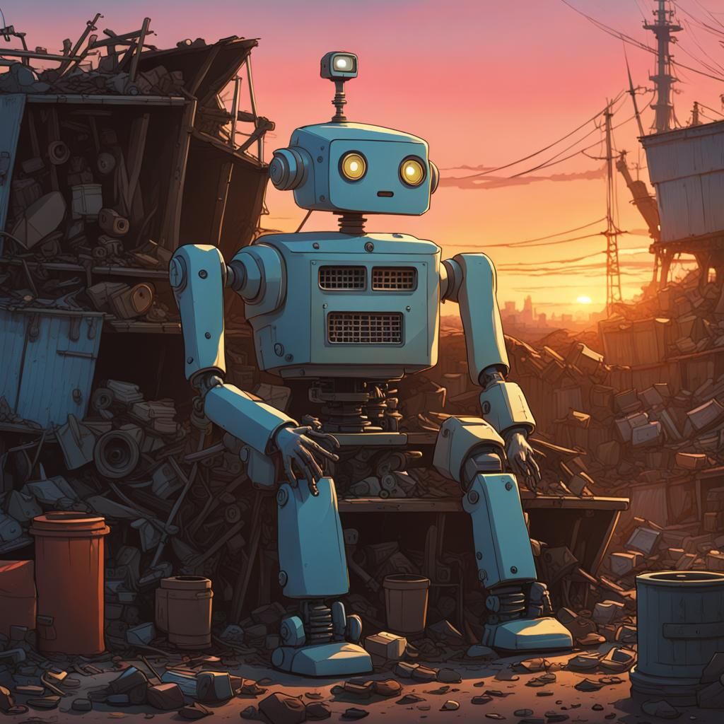 Robot in Junkyard Sunset: Studio Ghibli Anime
