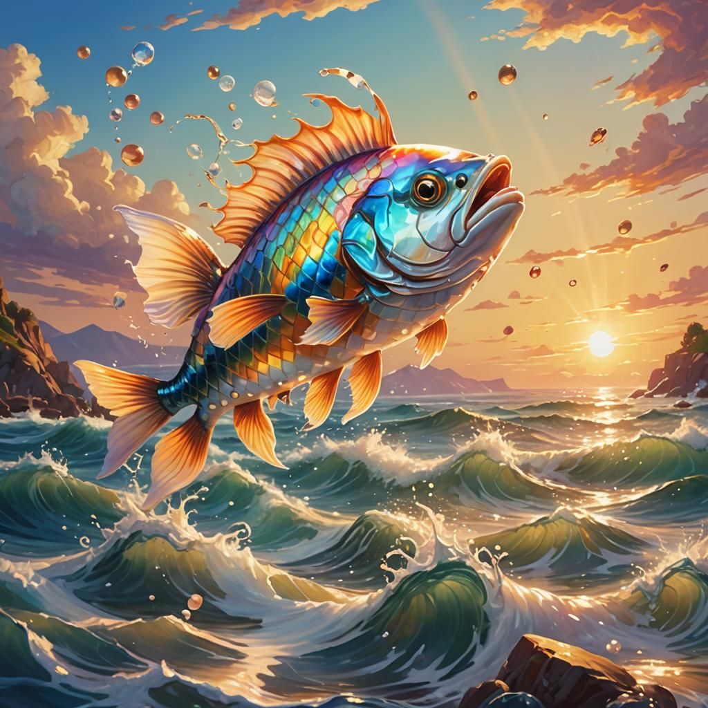 Fish Leaps for Pearl: A Whimsical Oil Painting