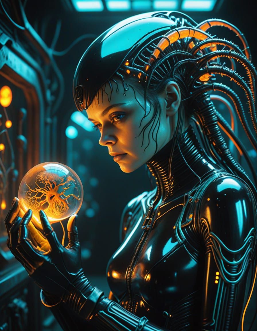 Glowing Biomechanical Horror in Dark, Neon-Lit Atmosphere