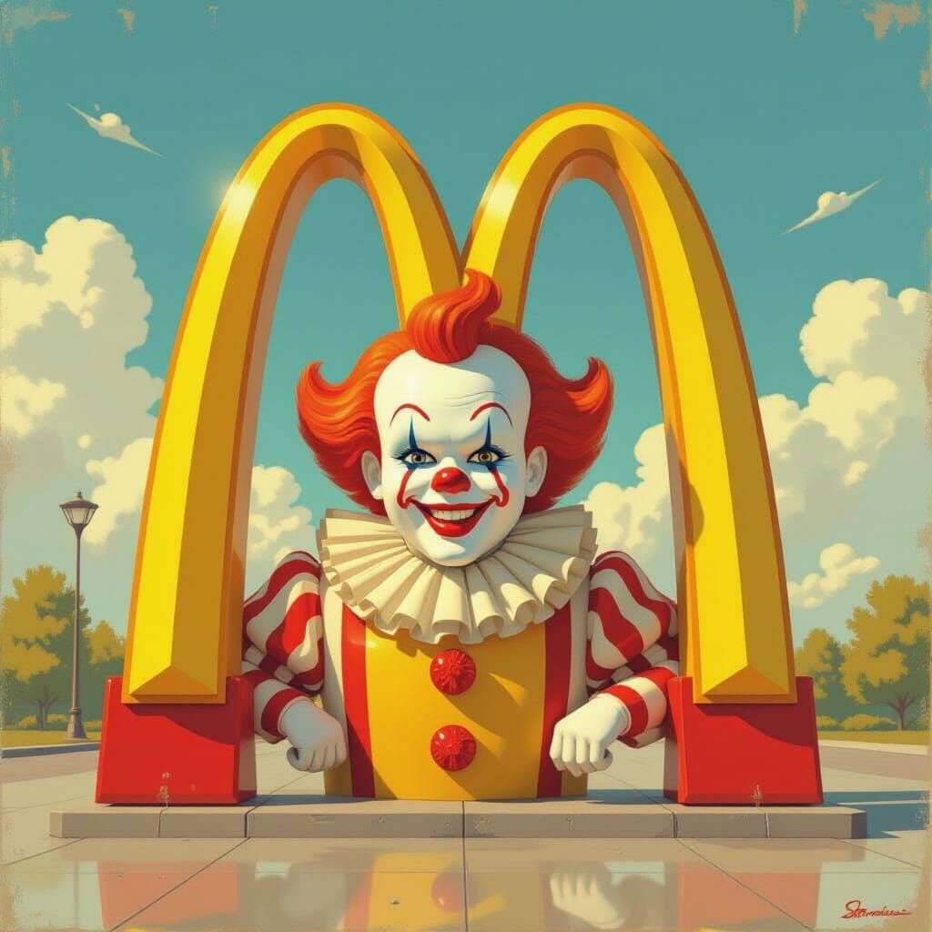 McDonald's Golden Arches with Retro Clown in Vibrant Style