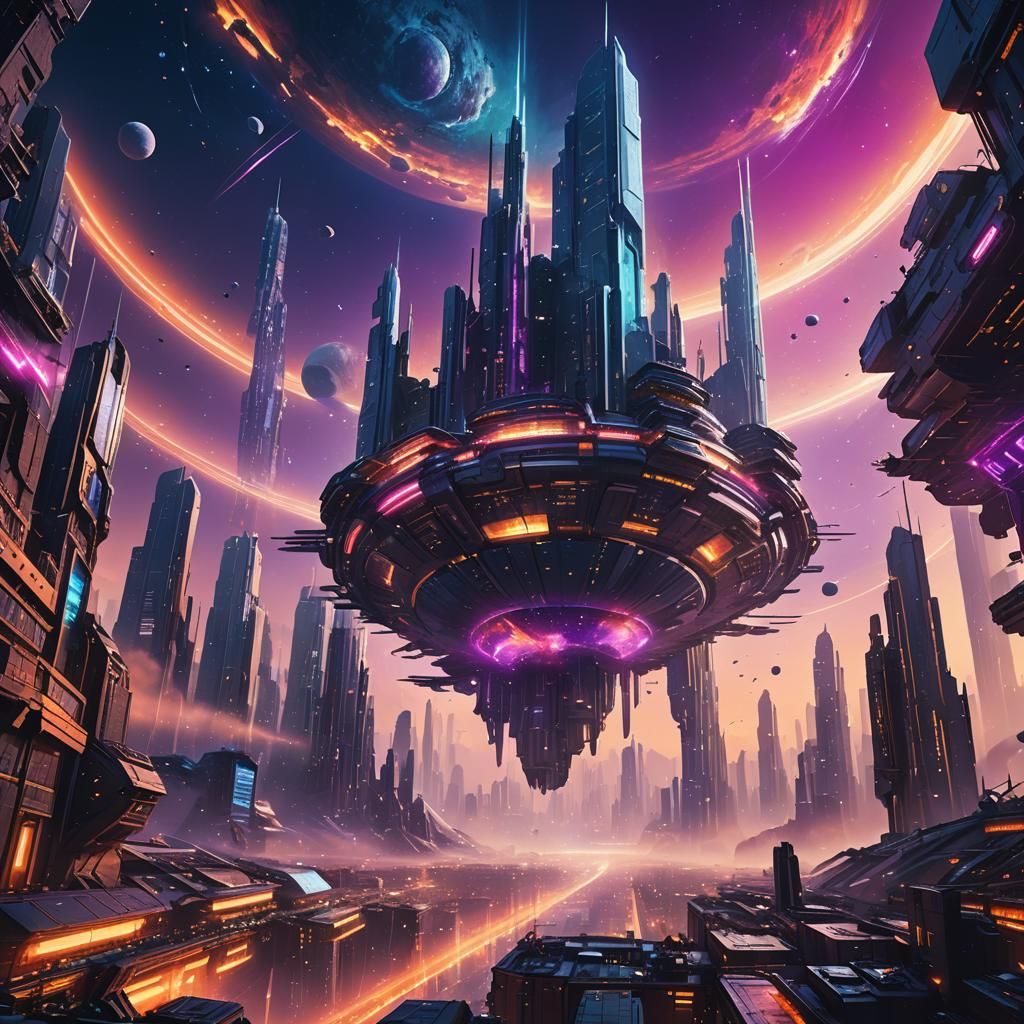 Futuristic City in Space: Vibrant Digital Art