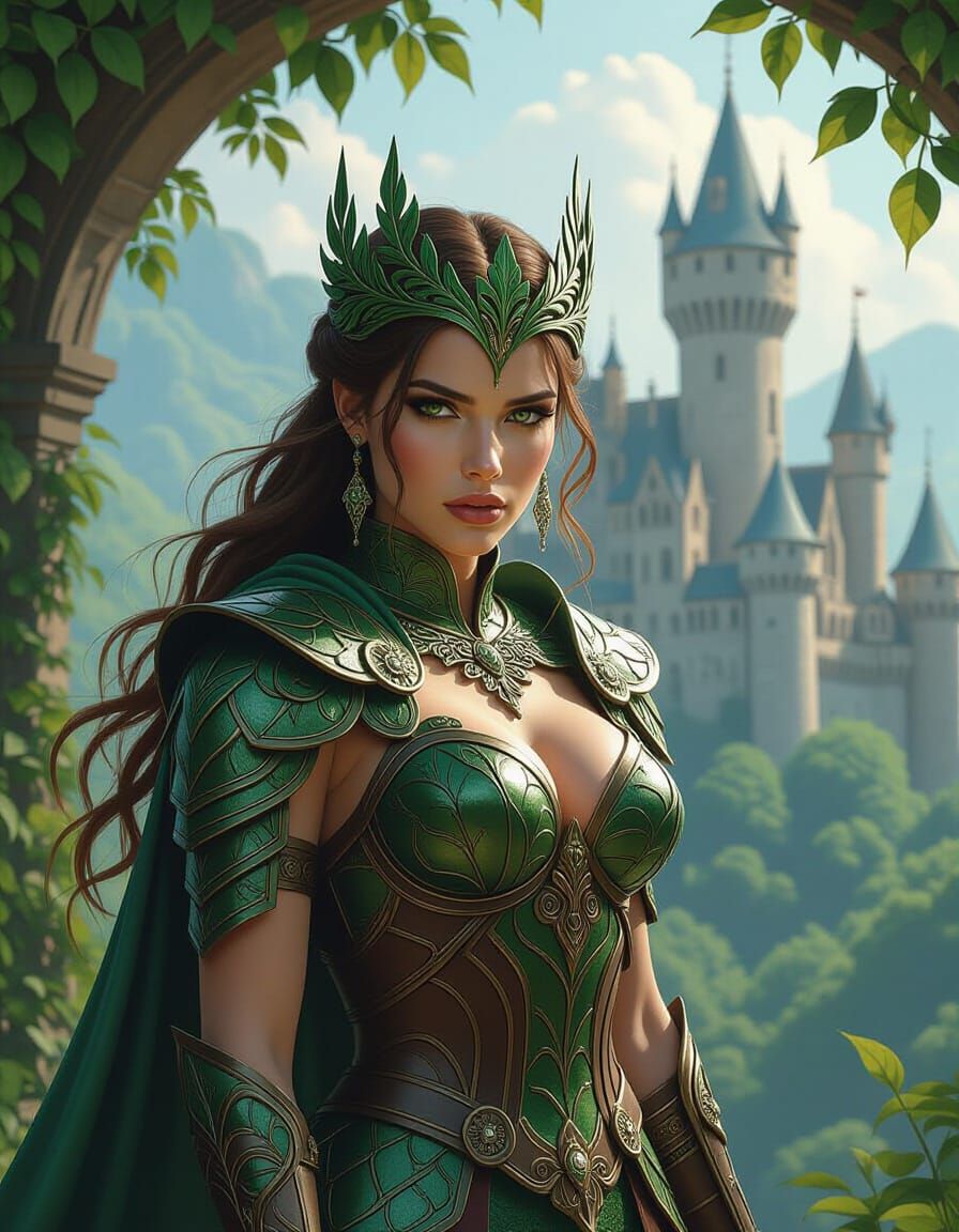 Warrior Queen in Leaf Armor Before Forest Castle