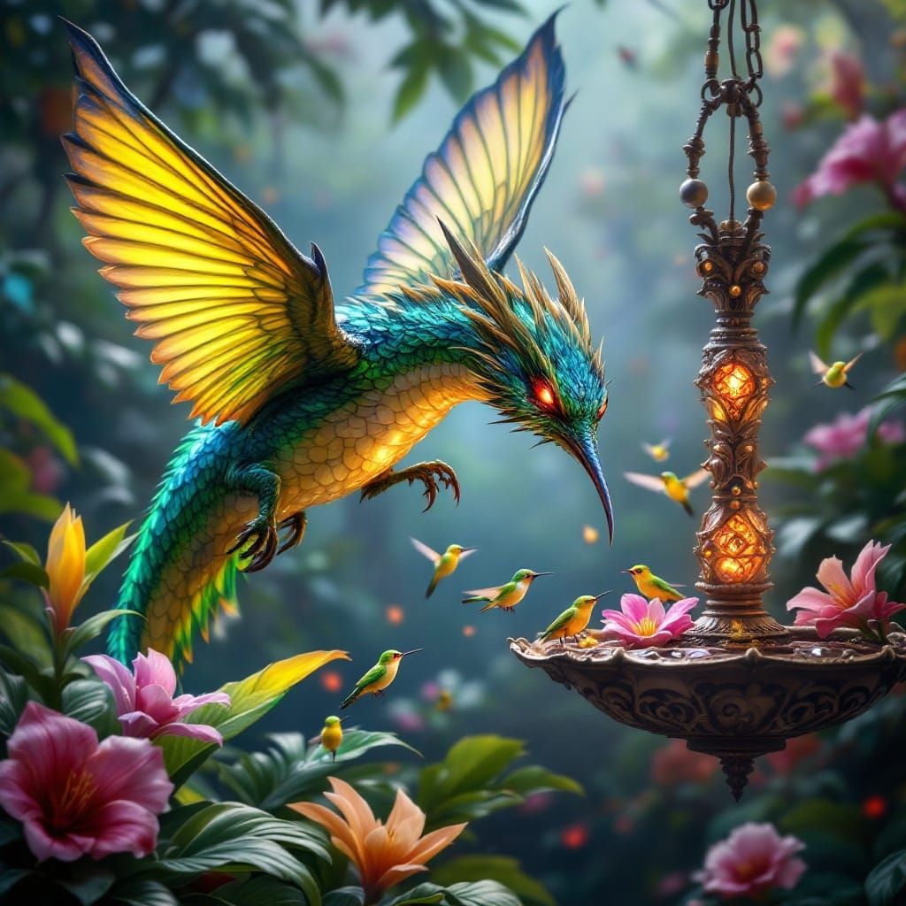 Menacing Emerald Dragon-Hummingbird in Tropical Fantasy Land...
