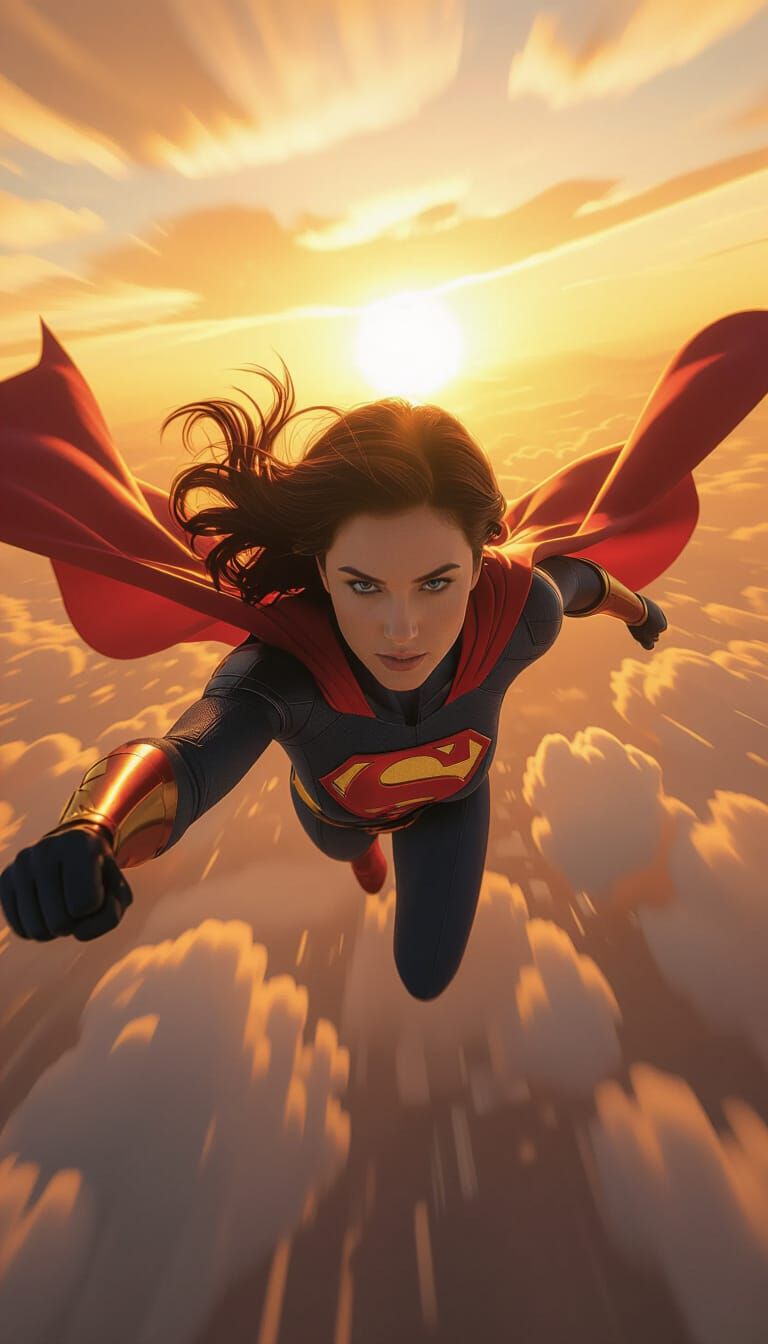 Superheroine Soars Through Amber Sky at Sunset