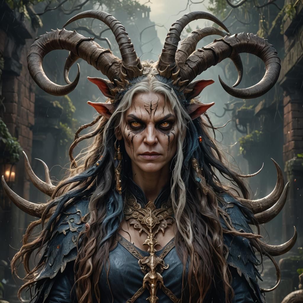 Monstrous Woman with Goat Horns: Hyperrealistic Portrait