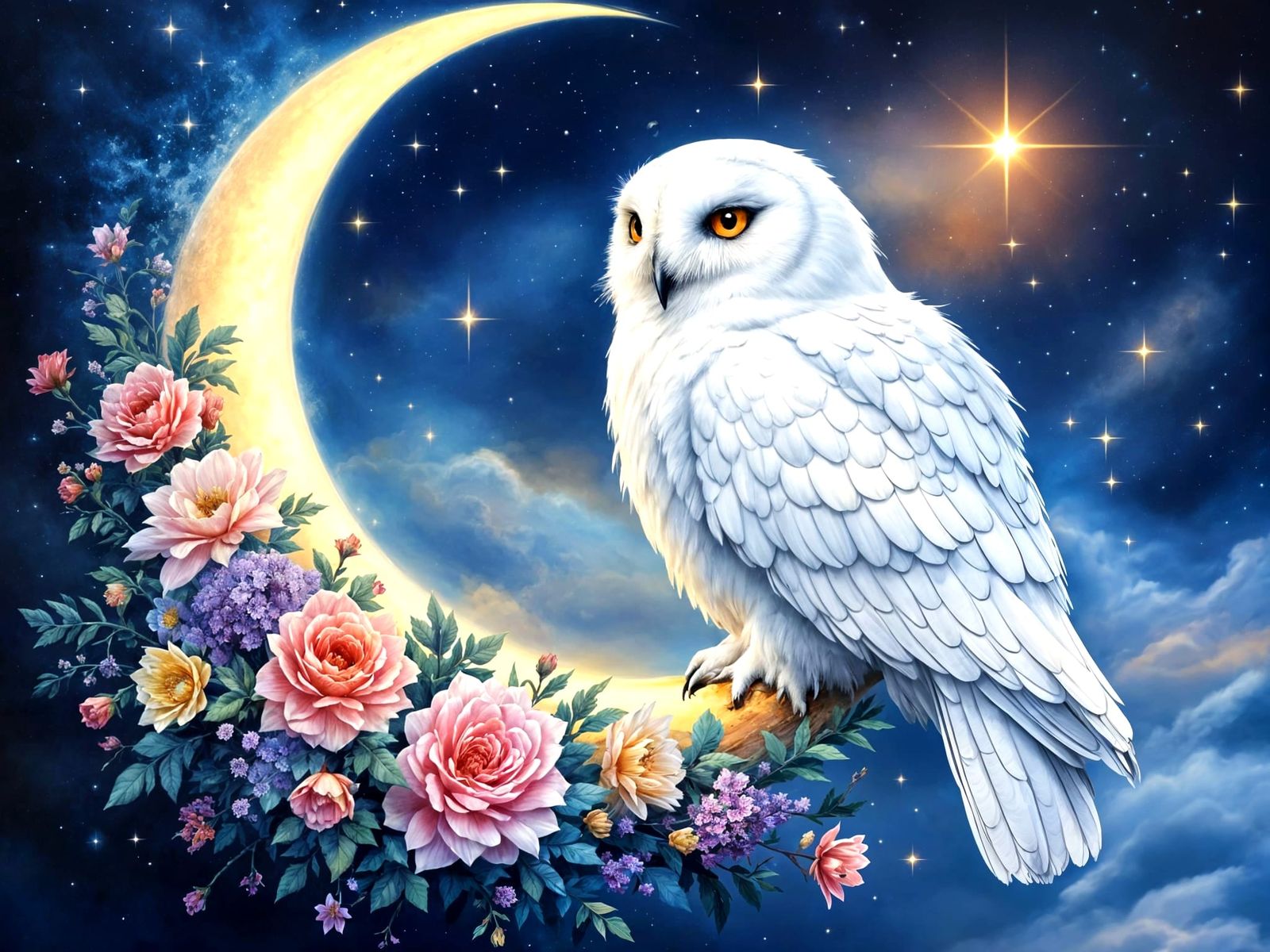 Enchanted Snow Owl in Celestial Bloom