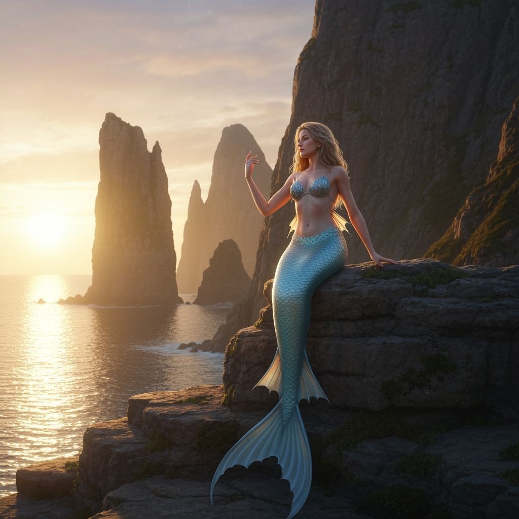 Serene Mermaid on Rocky Coast at Sunset: Digital Art