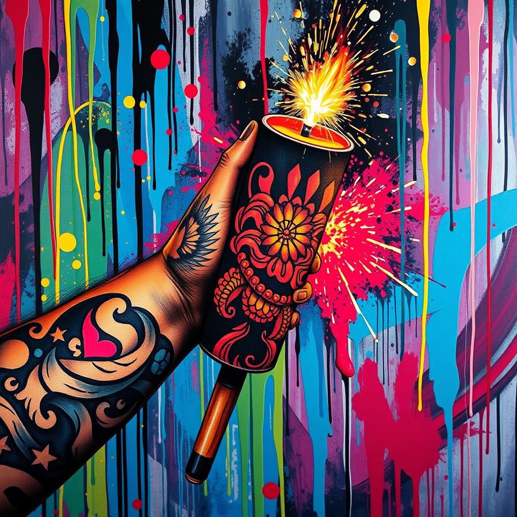 Tattooed Firecracker in Vibrant Street Art Style