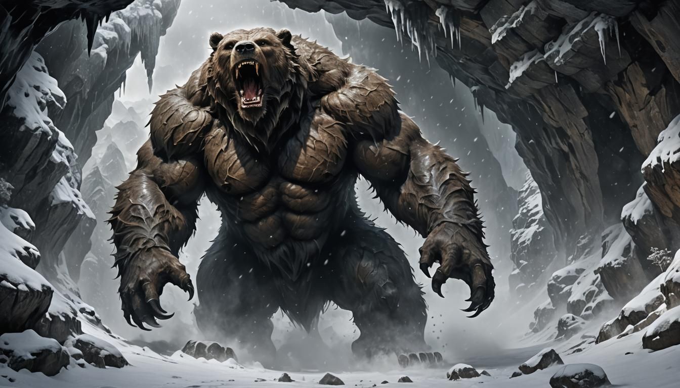 A werebear mid-transformation, muscles rippling and fur spro...