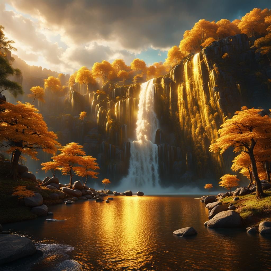 Golden Waterfall Over Lake: Fantasy Concept Art