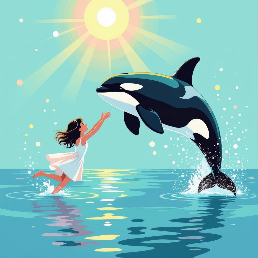 Girl and Orca Diving in Ethereal Minimalist Style