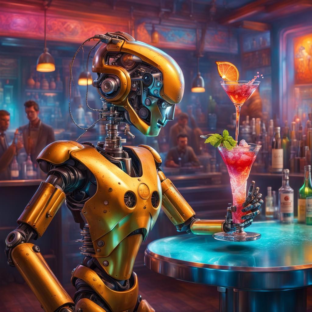 Hyperrealistic Robot Barman Mixes Cocktails in Splash Art