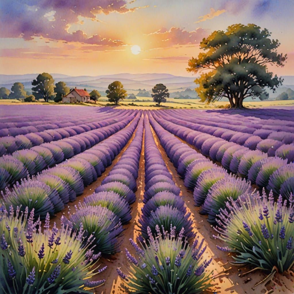 Lavender Field Watercolour Painting in Impressionist Style