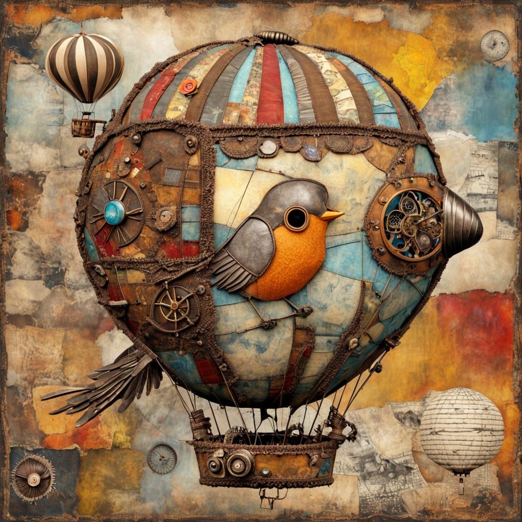 Steampunk Robin Hot Air Balloon Dada Collage