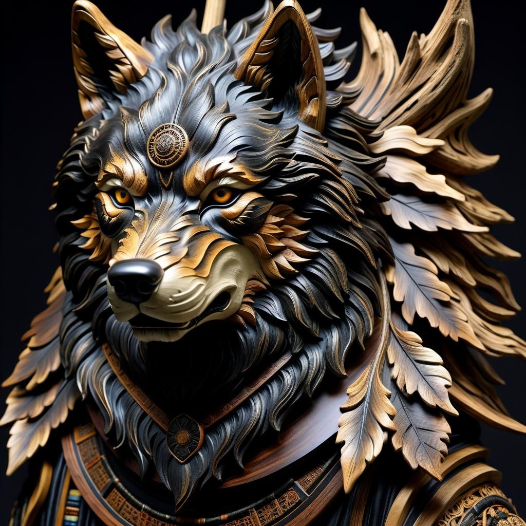 wolf head sculpted from driftwood...