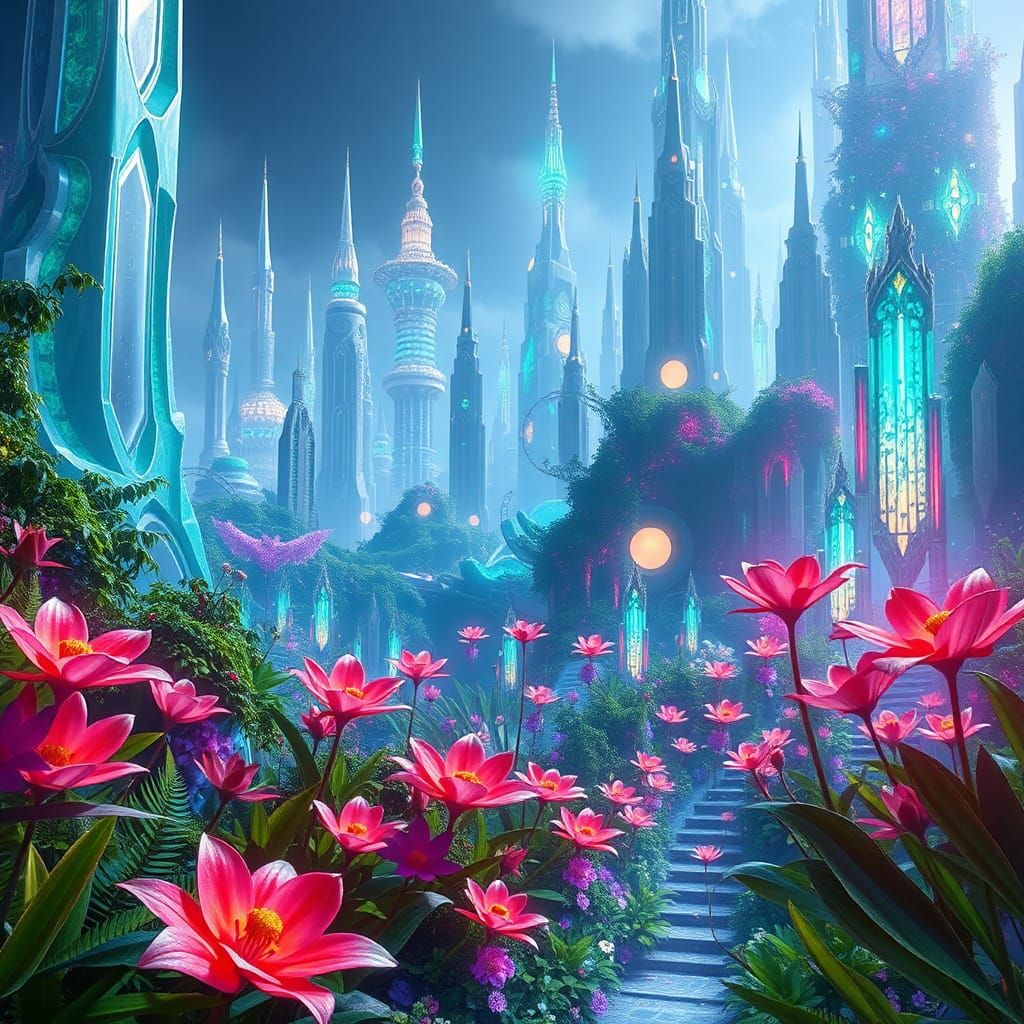 Lush Futuristic Garden in Crystalline Metropolis