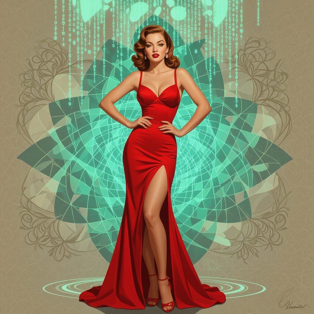 Retro Pin-Up Girl with Cyberpunk Matrix Code Visualization