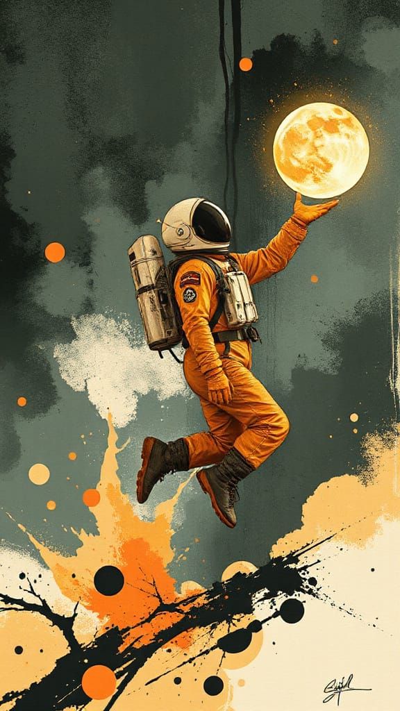 A burnt orange spaceman throwing a glowing moon 

..